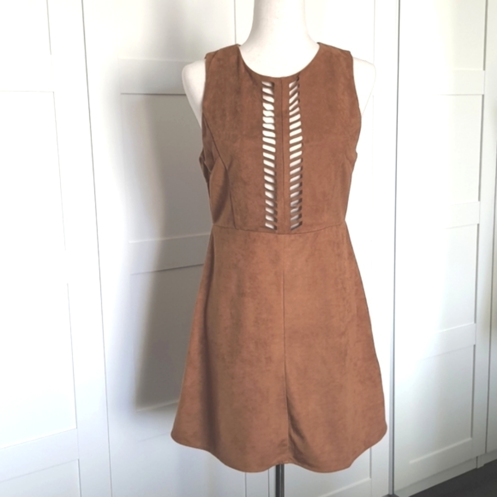 Boho Cutout Sleeveless Dress Soft Faux Suede lined Brown Womens M